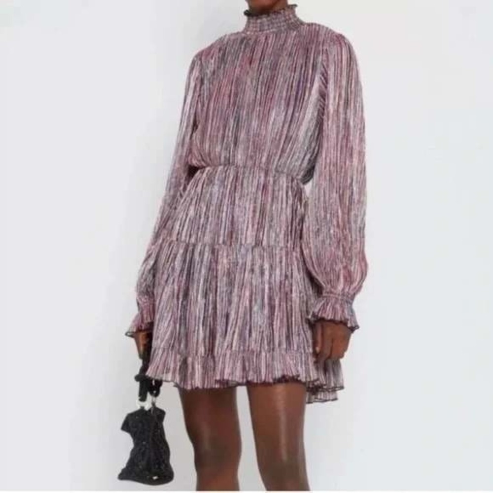 Anthropologie‎ Metallic Lluvia Long Sleeve Mini Dress Rainbow Striped M